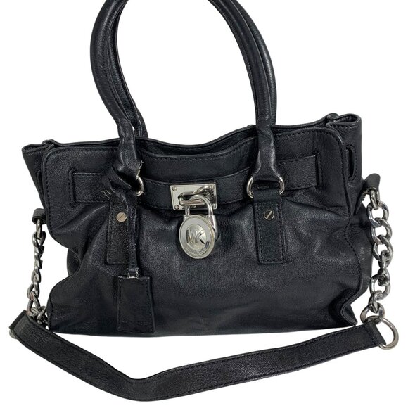 MICHAEL KORS Hamilton Black Leather Shoulder Handbag Silver Tone Lock/Key FLAW - Picture 1 of 13